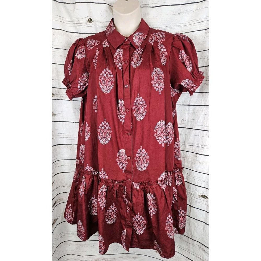 Torrid Belle & Isle Red Floral Shirt Dress 1 1X Midi Cotton Blend Puff Sleeve